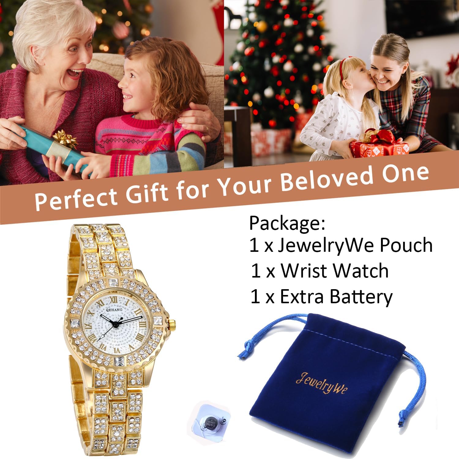 JewelryWe Women Watches Gold Tone Alloy Rhinestone Quartz Watch Stylish Bling Dress Watch Wristwatches for Valentine's Day - Image 7