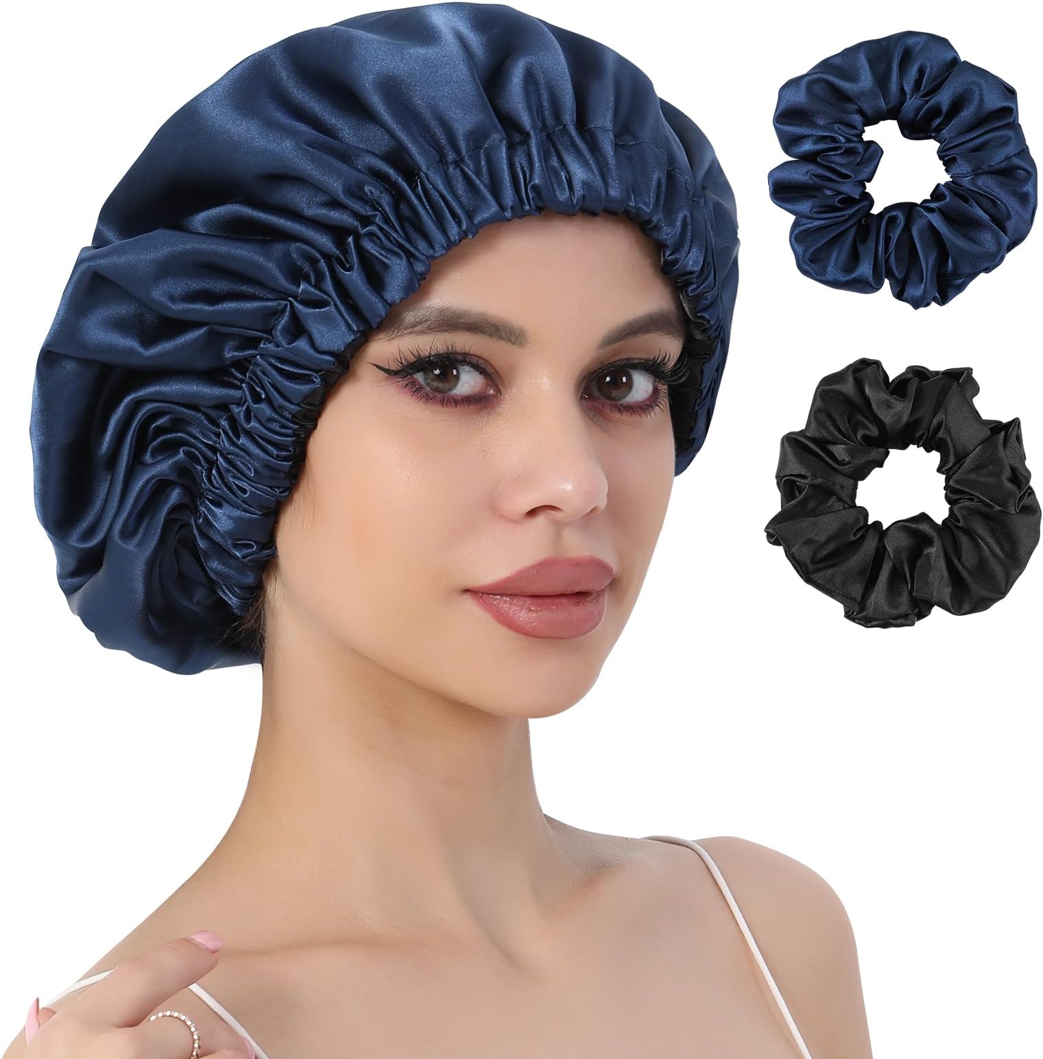 CENTSTARReversible Silk Satin Bonnet for Sleeping, Large Adjustable Silk Satin Hair wrap Hair Cap for Women Curly Hair (Navy)