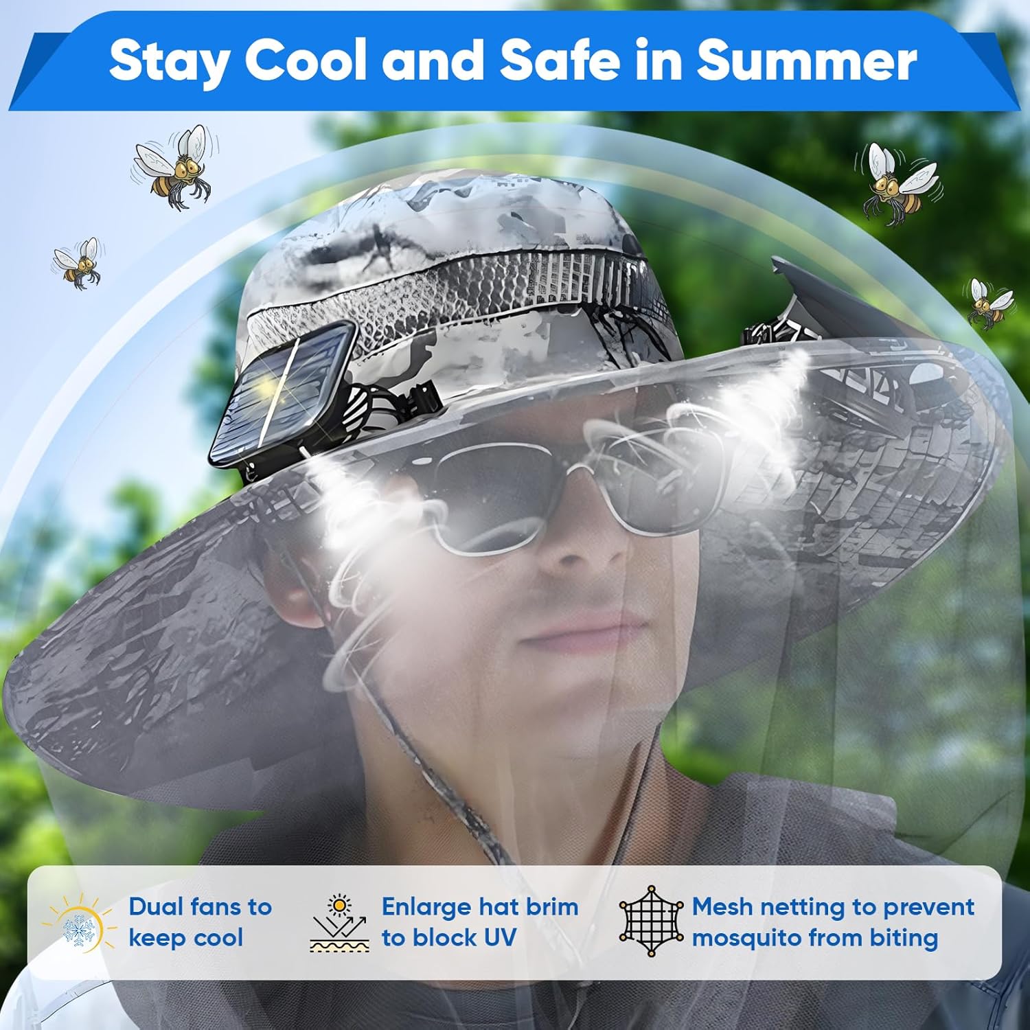 Wide Brim Sun Hat with Fan - Solar Powered Fan Hat with Mosquito Head Net, Men Cooling Hat for Outdoor, Fishing Camouflage Gray