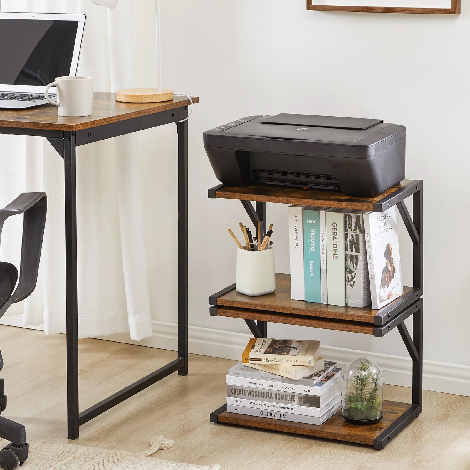 IBUYKE Support d'imprimante de Bureau à 2 Niveaux, étagère de Rangement Multifonction pour fax, Scanner, fichiers, Livres, Four à Micro-Ondes, Marron Rustique TLJ004H