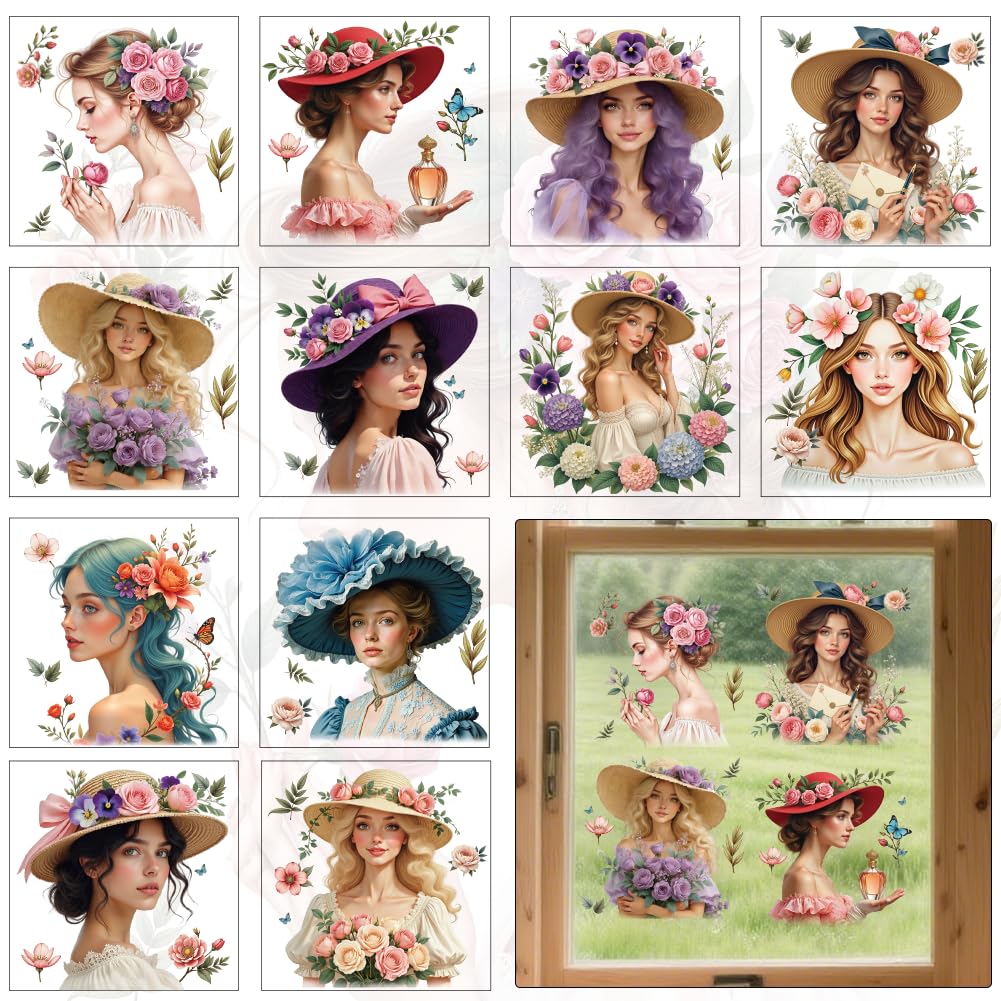 BEUNITONE 12 Sheets Lady and Flower Rub on Transfers for Crafts and Furniture, 5.5"x 5.5" Vintage Watercolor Window Transfer Stickers for DIY Crafts Decor, Decoupage Paper for Furniture Glass Decals
