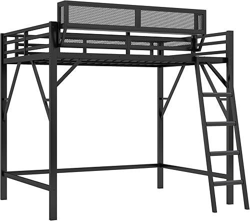 Miniatura 7 de KEIKI Base de cama de metal de tamaño matrimonial con escalera y estantes de almacenamiento integrados, para adolescentes, cama tipo loft de estilo