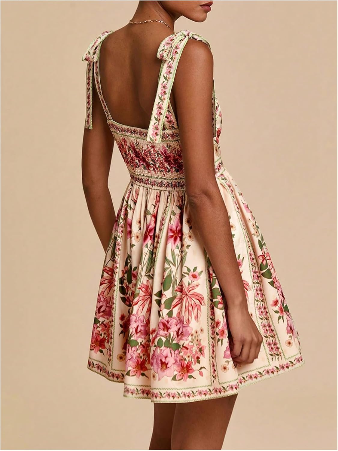 OYOANGLE Women's Floral Sleeveless Boho Beach Dress Tie Shoulder Summer Short Dress Flowy A Line Vacation Sundress - Image 5