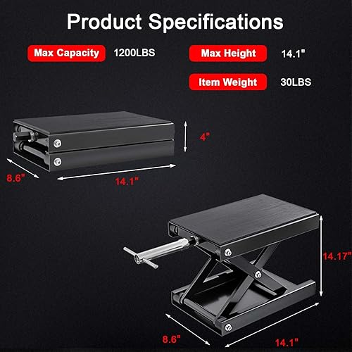 Miniatura 4 de Gato de motocicleta de 1200 libras, soporte de elevación de motocicleta para motocross, ATV, gato de tijera con manivela y barra disyuntora (rojo)