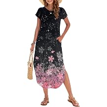 WNEEDU Womens Casual Loose Short Sleeve Summer Maxi Dresses with Pockets