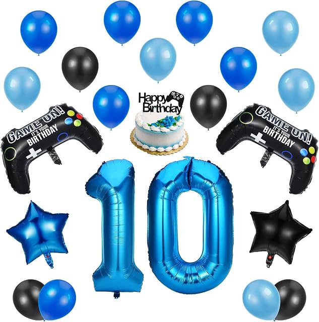 AKlamater Video Game Birthday Decorations 10th Gaming Birthday Party Decorations Game Controller Balloons with Happy Birthday Cake Topper Number 10 Foil Balloon Game on Birthday Party Supplies