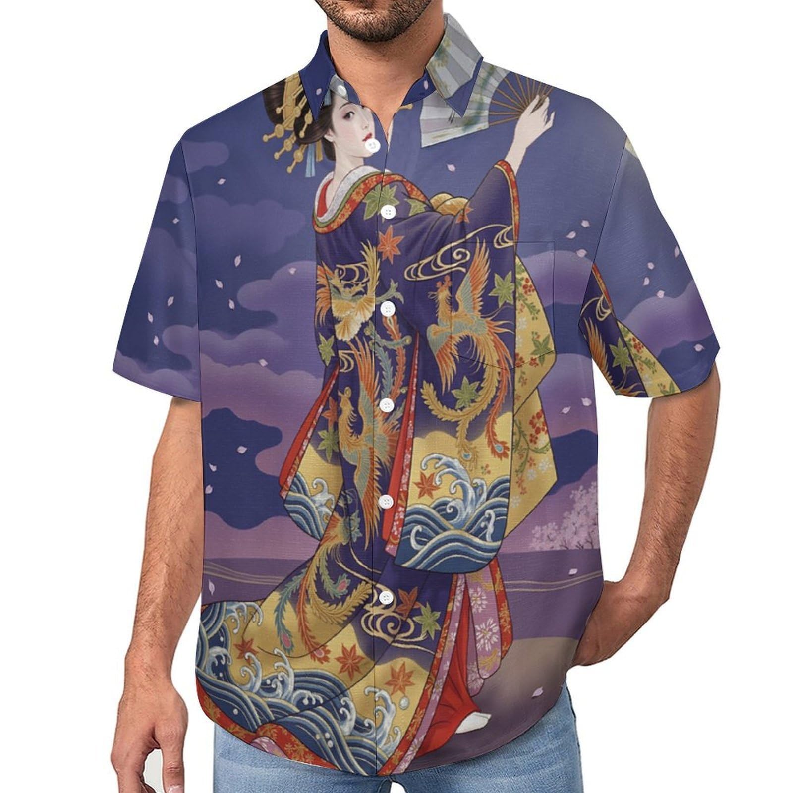 Camicia da Uomo a Maniche Corte Funky, Geisha Tradizione Etnica Giapponese, Aloha Camicias Estiva per la Spiaggia, vestibilità Normale con Bottoni, per Libero Vacanze
