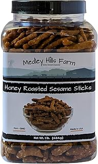 Sesame Sticks Snacks Honey Roasted 1 lb. - By Medley Hills Farm in Reusable Container - Fresh honey roasted sesame sticks - Sweet and Salty Flavored snacks