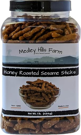 Sesame Sticks Snacks Honey Roasted 1 lb. - By Medley Hills Farm in Reusable Container - Fresh honey roasted sesame sticks - Sweet and Salty Flavored snacks