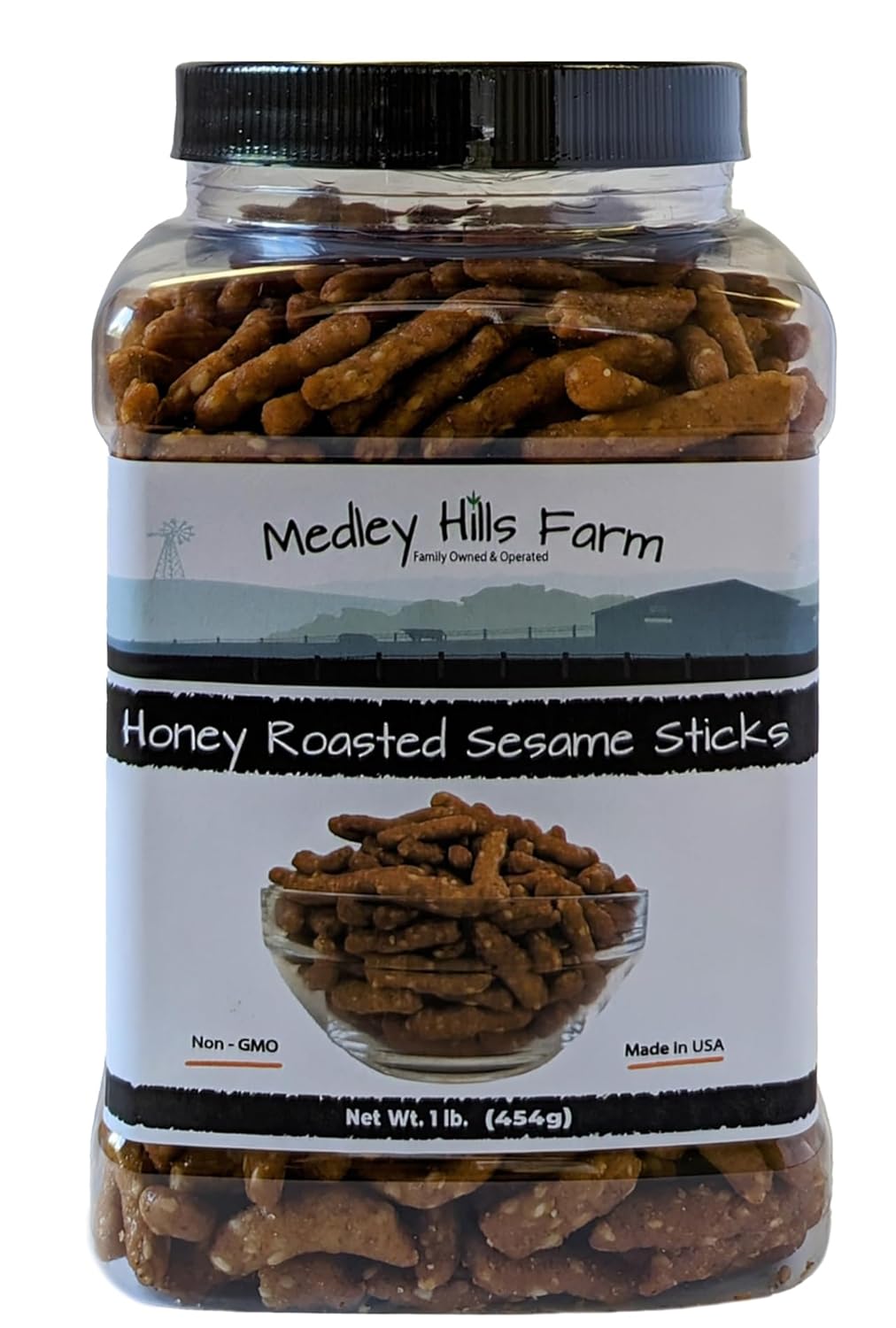 Sesame Sticks Snacks Honey Roasted 1 lb. - By Medley Hills Farm in Reusable Container - Fresh honey roasted sesame sticks - Sweet and Salty Flavored snacks (Pack of 2)