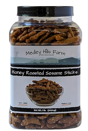 Sesame Sticks Snacks Honey Roasted 1 lb. - By Medley Hills Farm in Reusable Container - Fresh honey roasted sesame sticks - Sweet and Salty Flavored snacks