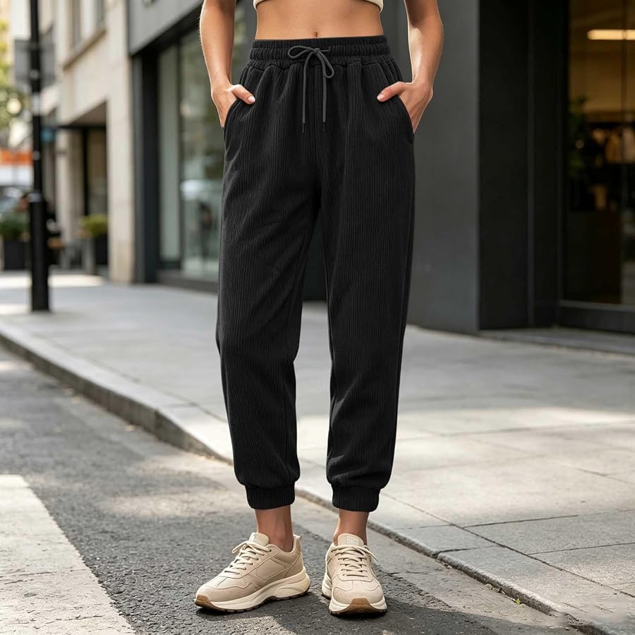 Hosen Damen Cordhose Fleece Gefüttert Jogger Cord Herbst Winter Damenhosen | Guhmomh Schwarz XL Freizeithose Hose Bequeme Arbeitshose Lockere Lang Stoffhose Jogginghose Elegante Freizeithose Sporthose, Bild 9