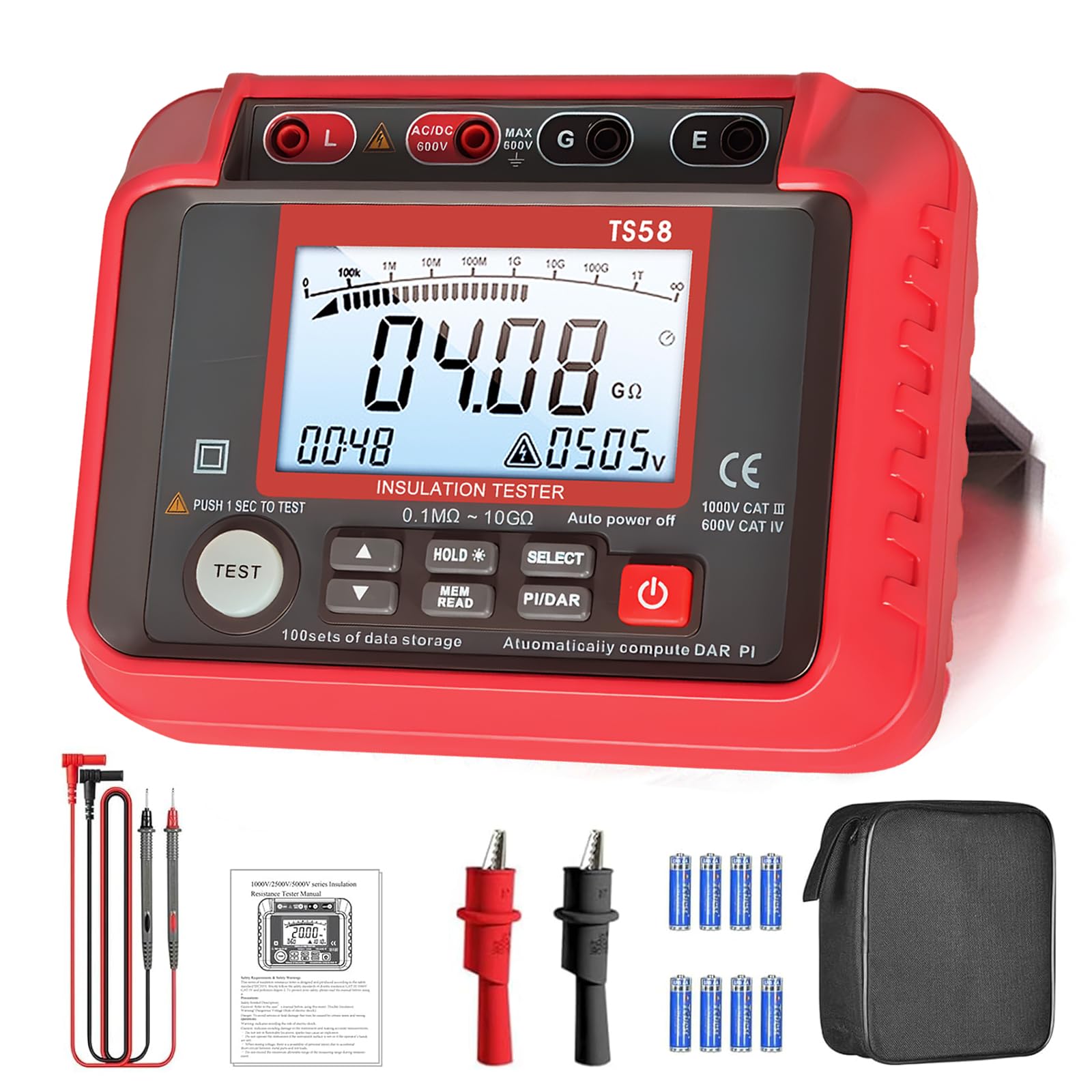 SURLABA Megohmmeter Insulation Resistance Tester, 0.1Mฮฉ-10Gฮฉ Megohm Meter with 50V~1000V Output Voltage, PI/DAR Testing, 100 Data Storage Voltmeter for Motor/Cable/Transformer/capacitor