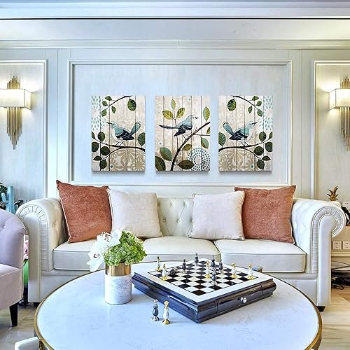 Miniatura 5 de Lienzo abstracto de 3 piezas con diseño de pájaro en la rama, arte de pared para sala de estar, decoración de pared para dormitorio, cocina,