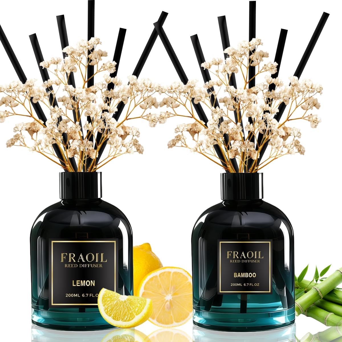 Lemon and Bamboo Reed Diffuser Set 6.7 fl oz (200 ml) with 6 Reed Sticks, Home Fragrance Reed Diffuser for Bathroom Shelf House Bedroom Office Decor