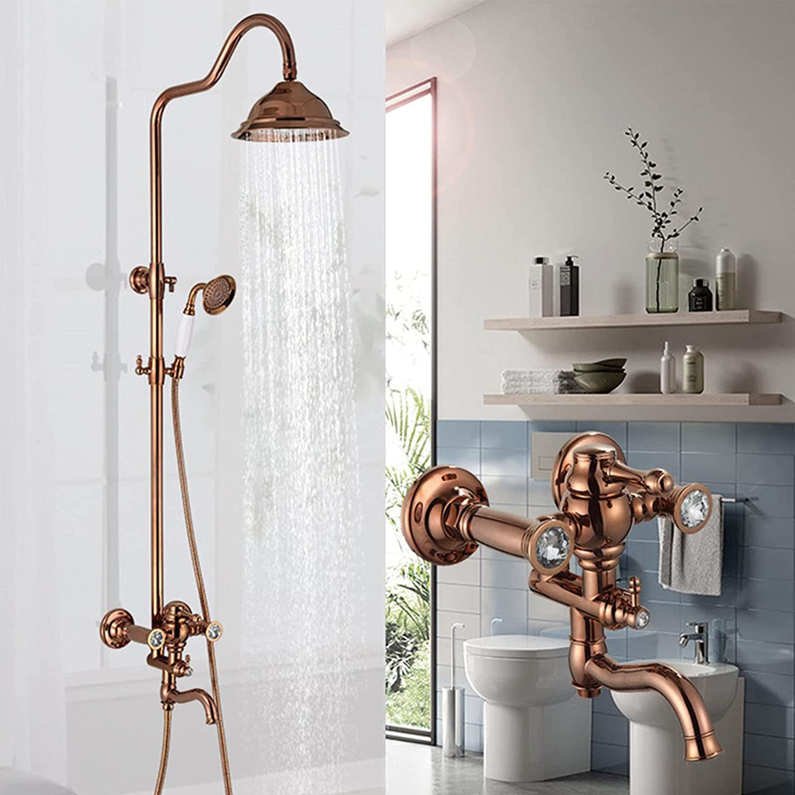Grifo de Ducha para bañera en Oro Rosa, Sistema de Ducha de 3 Funciones, Cabezal de Ducha Tipo Lluvia con Ducha de Mano, caño de bañera, Grifo de Ducha de Pared, Grifo Mezclador de