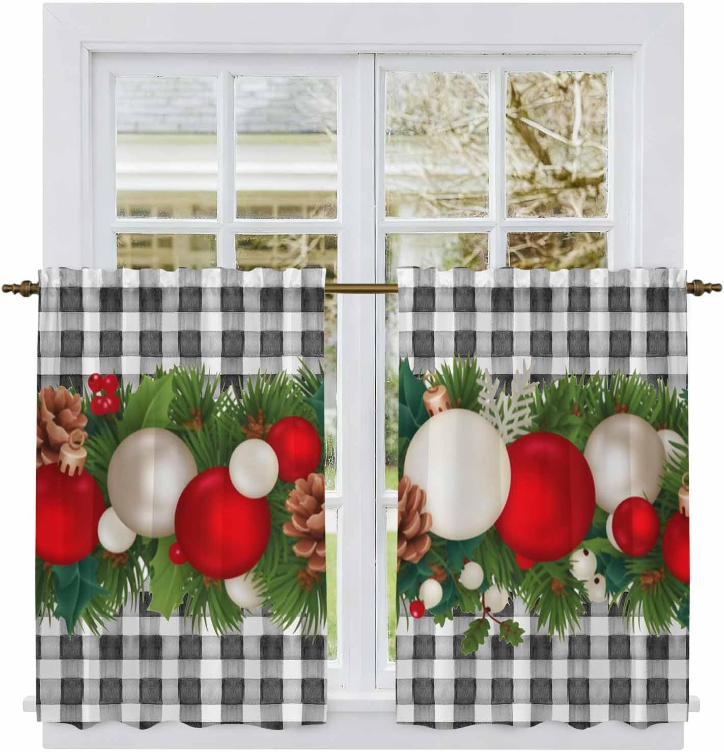 Christmas Kitchen Curtains, Red White Ball Pine Cones Needles Grey Plaid Light Filtering Window Curtain Panels, 2Pcs Rod Pocket Window Treatments Set for Cabin Bathroom Bedroom 52x45 Inches