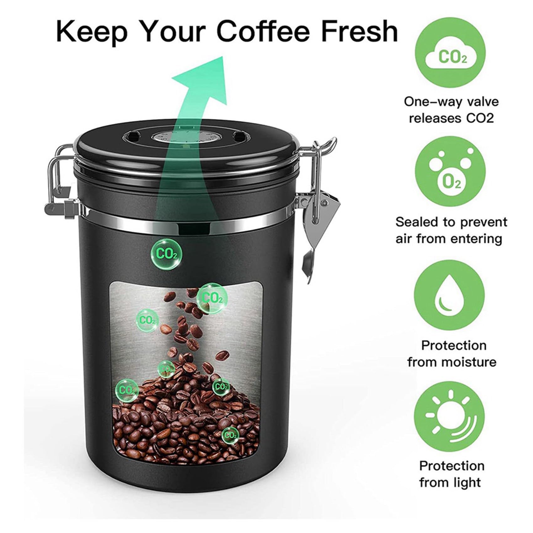 Lot de 2 boîtes à café hermétiques - 500 g - 1,8 l - Avec boîte de rangement pour café en poudre, thé, cacao