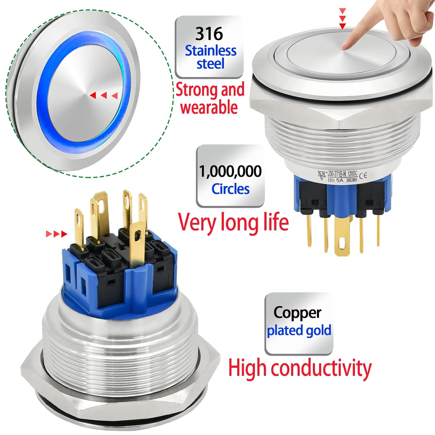 Close-up view of the ZJWZJH 30mm push button switch highlighting its 316 stainless steel construction, 1,000,000 cycle life, and copper plated gold contacts.