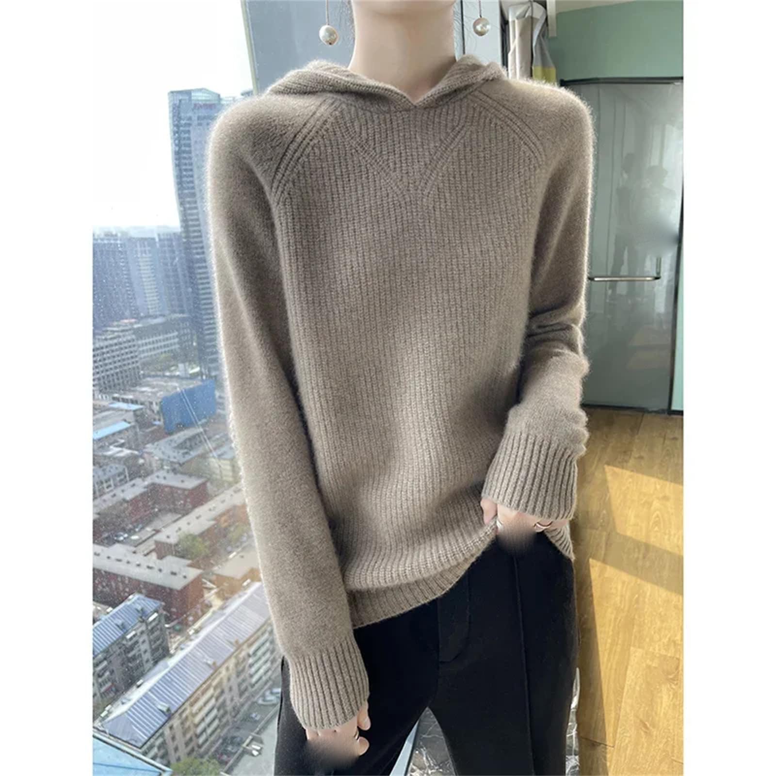 Yeuyyben Maglione da donna in cashmere con cappuccio allentato casual da donna maglioni invernali con cappuccio a maniche lunghe, Riso Crudo Fleece, XS