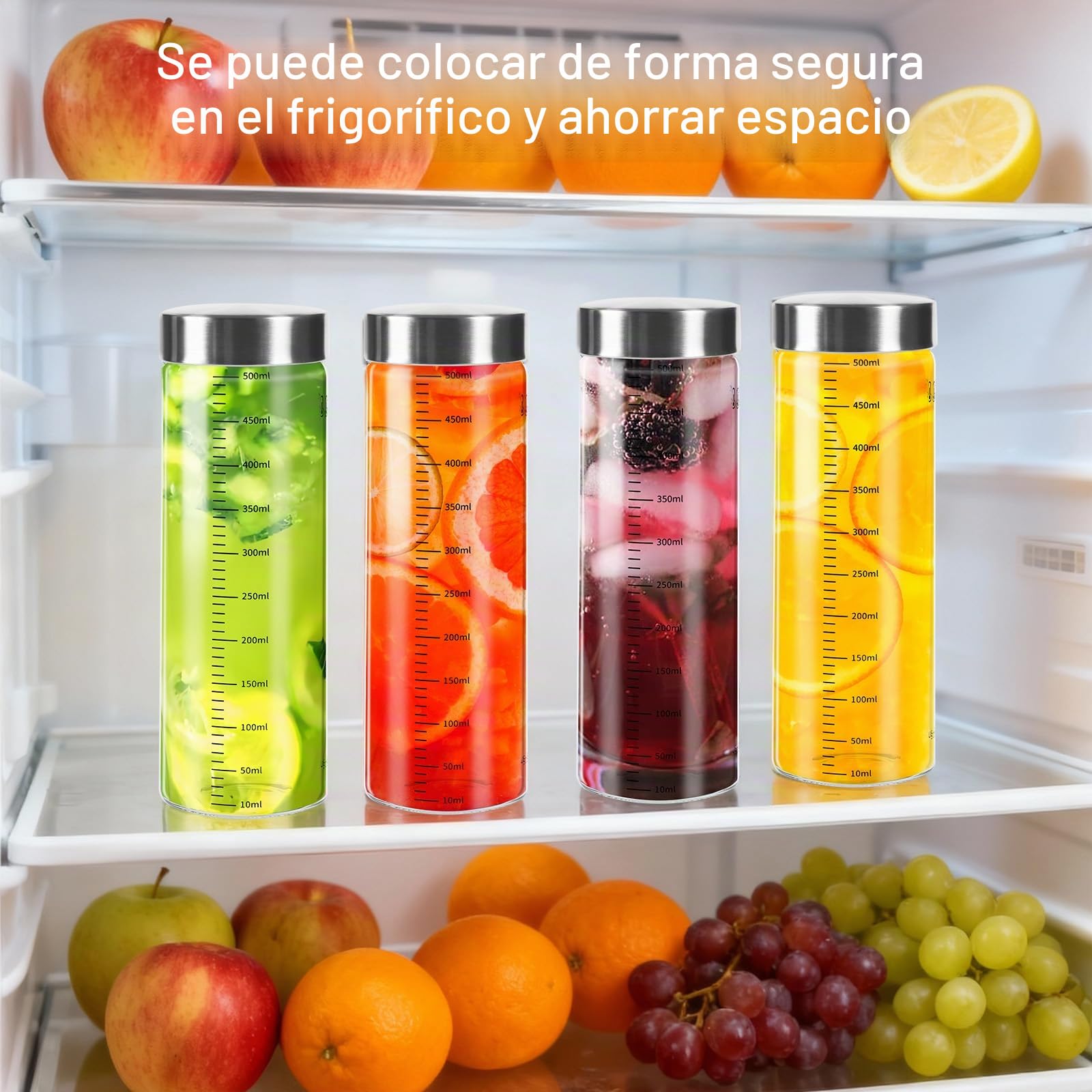 4 Piezas 500 ML Tarros de Cristal, Botellas de Boca Ancha con Tapa de Acero Inoxidable, Vasos Yogurtera con Tapa, Tarros de Vidrio Reutilizables, para Batidos, Zumos, Leche