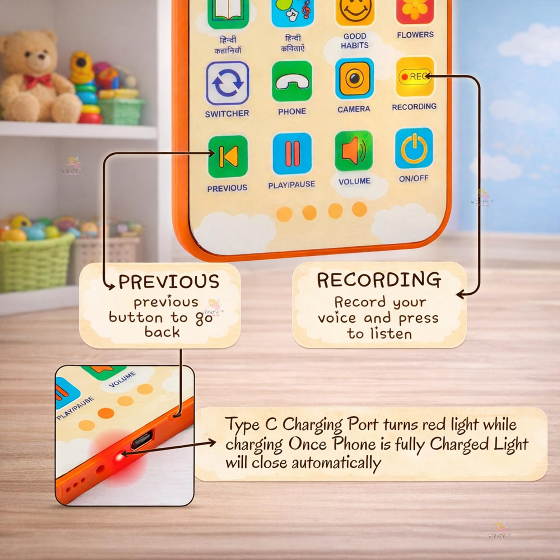 Wishkey Edu Phone for Kids 2.0 Princess Theme 28 Functions 84 Features Rechargeable USB Cable Not Included Toddler Learning Mobile Toy with Multi-Language 10 Indian Languages for Boys Girls Age 2+ 4
