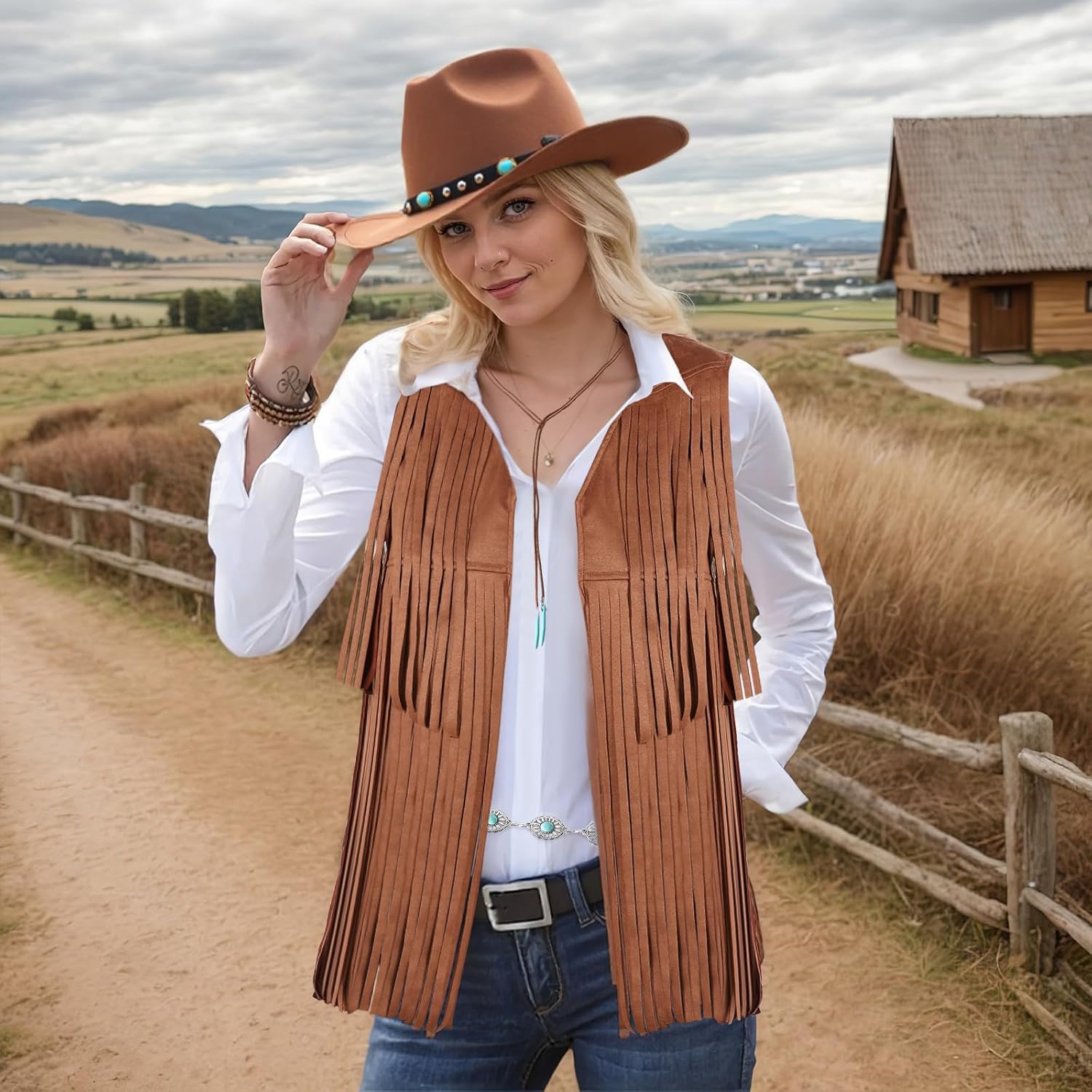 Western Outfits for Women Cowgirl Outfits Cowgirl Vest Boho Cowboy Hat Fringe Vest for Halloween Cosplay - Image 5