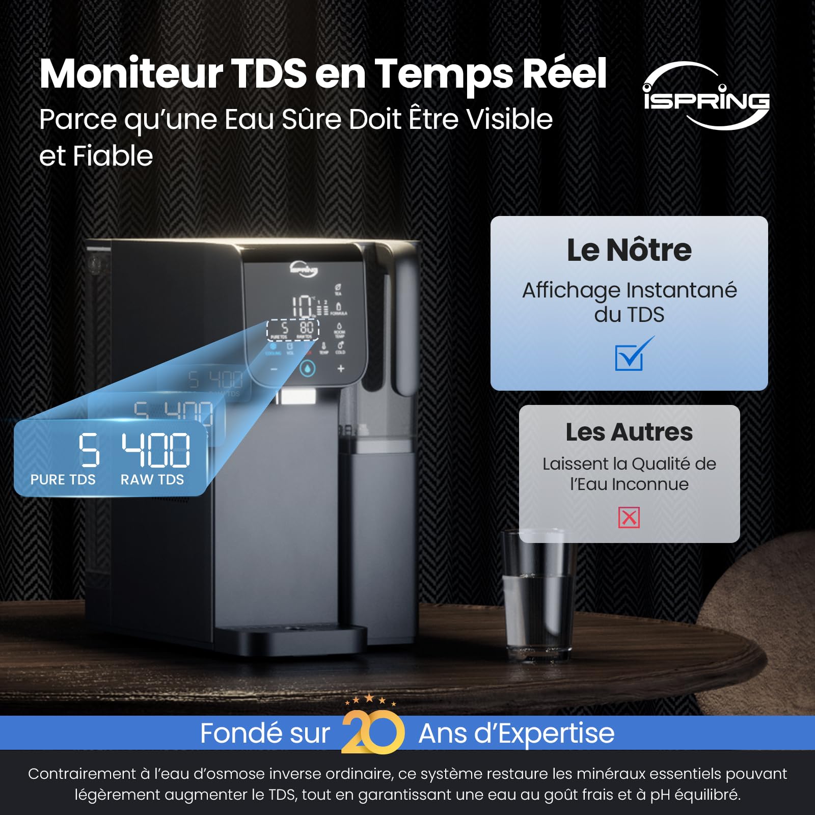 iSpring RCD100HCG d’Osmose Inverse avec Eau Chaude et Froide sur Comptoir, Distributeur d’Eau Osmosée Alcaline, 9 Températures et 6 Volumes de Distribution, Affichage TDS et Durée de Vie des Filtres,