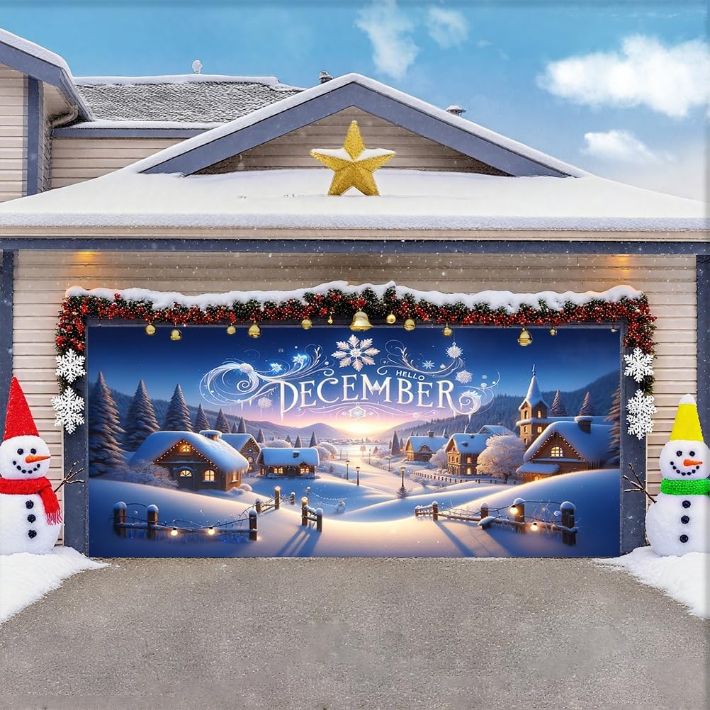 Zfflyh Snow Scene Christmas Garage Door Cover Banner Decoration Large Backdrops Holiday Door Cover Mural For Christmas Decoration For Xmas Eve Holiday Outdoor Wall Decor,,16X7ft