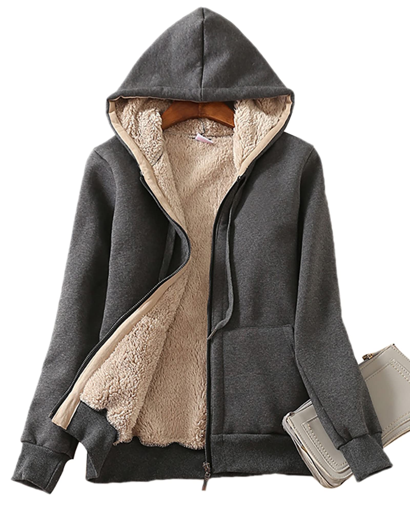 LBL Leading the Better LifeLadies Casual Winter Warm Thick Sherpa Fleece Jacket Full Zip Up Hoodie Sweatshirt for Womenâ€¦, Dark Grey, M