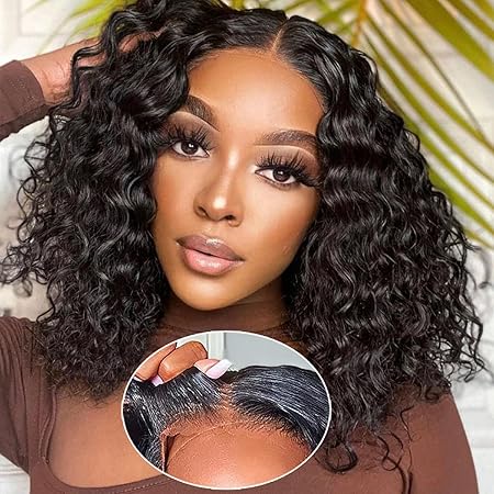 Glueless Wigs Human Hair Pre Plucked with Baby Wear and Go for Beginners Deep Wave Bob Wig No Glue Cut 4x4 Lace Closure Black Women 14 Inch