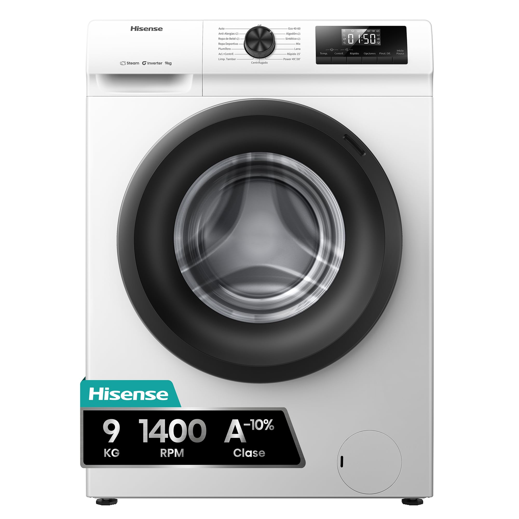 Hisense WF1Q9041BW – Washing Machine, Class A, 9 kg, 1400 rpm, Height 84.5 cm x Width 59.4 cm, Colour White, Steam Function 99.9%, Quick Wash+, Automatic Wash, Delayed Finishing, Inverter Technology Energy Label