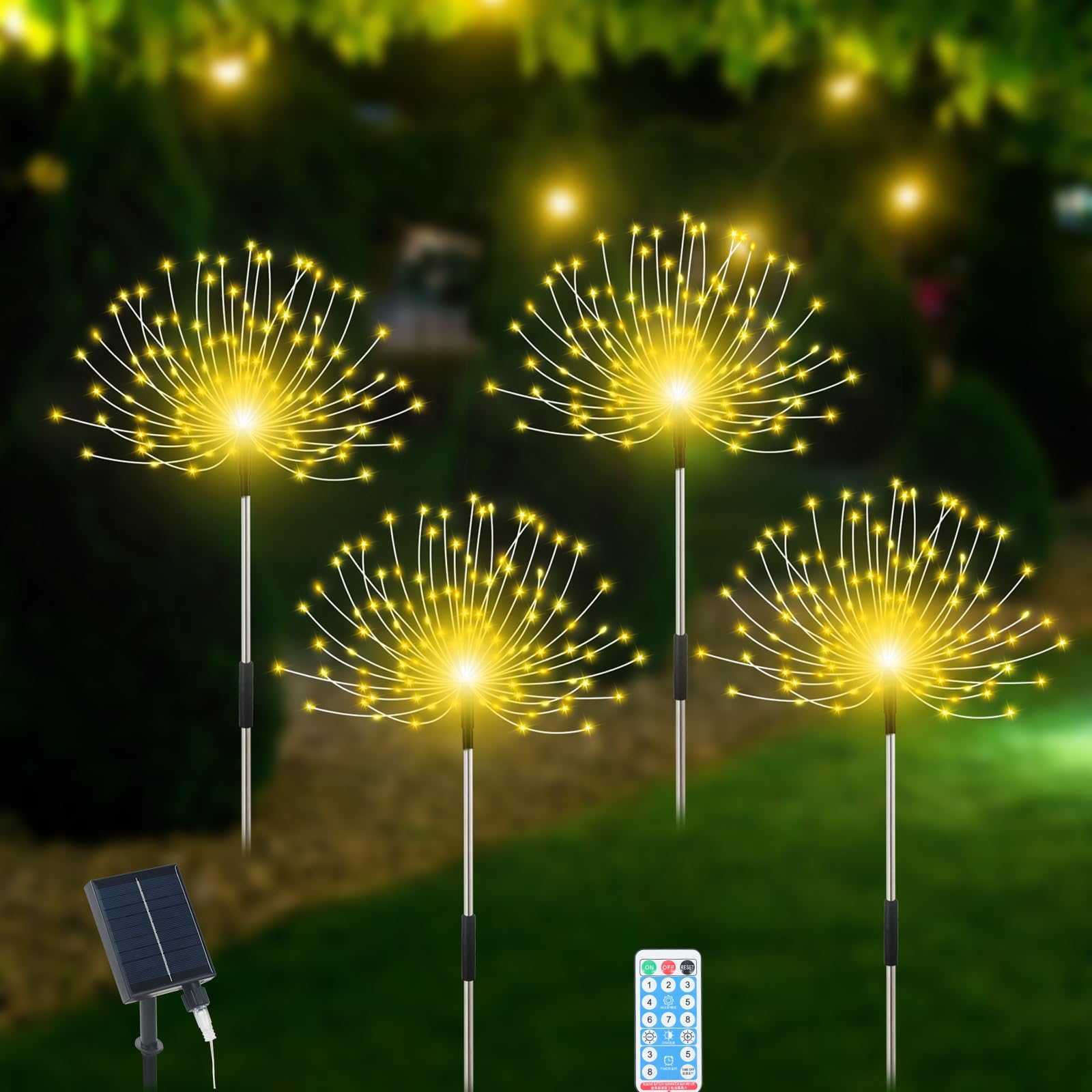 Solar Garden Lights Outdoor Waterproof, 4 Pack Total 480 LED Solar Firework Lights Decorative with 8 Lighting Modes Outside for Yard Pathway Flowerbed Decor, Warm White