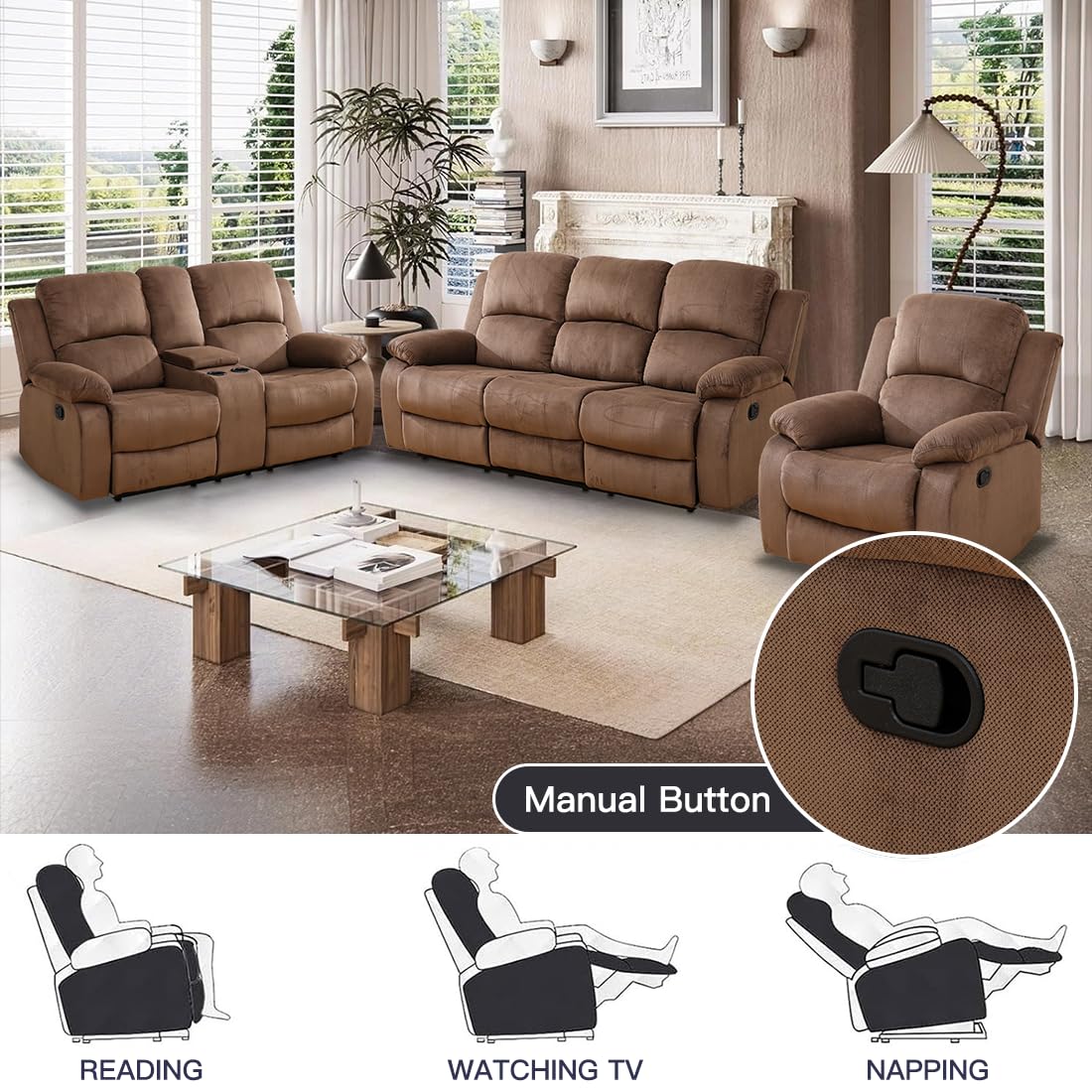 Toseslo Manual Reclining Couch Sofa Set with Drop-Down Table, 3 Pieces Brown Corduroy Recliner Couch Sets, Living Room Furniture Sets, Recliner Sofa with Storage Console/Cup Holder for Home/Apartment view 5