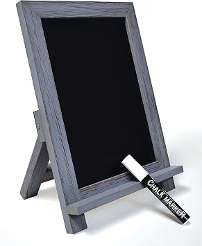 Better Office Products Framed Tabletop Chalkboard Sign, 9.5" x 14", Rustic Wood Frame, Small Magnetic Chalkboard with Built-in Ledge and Folding Stand, One White Chalk Marker Included,Gray wash