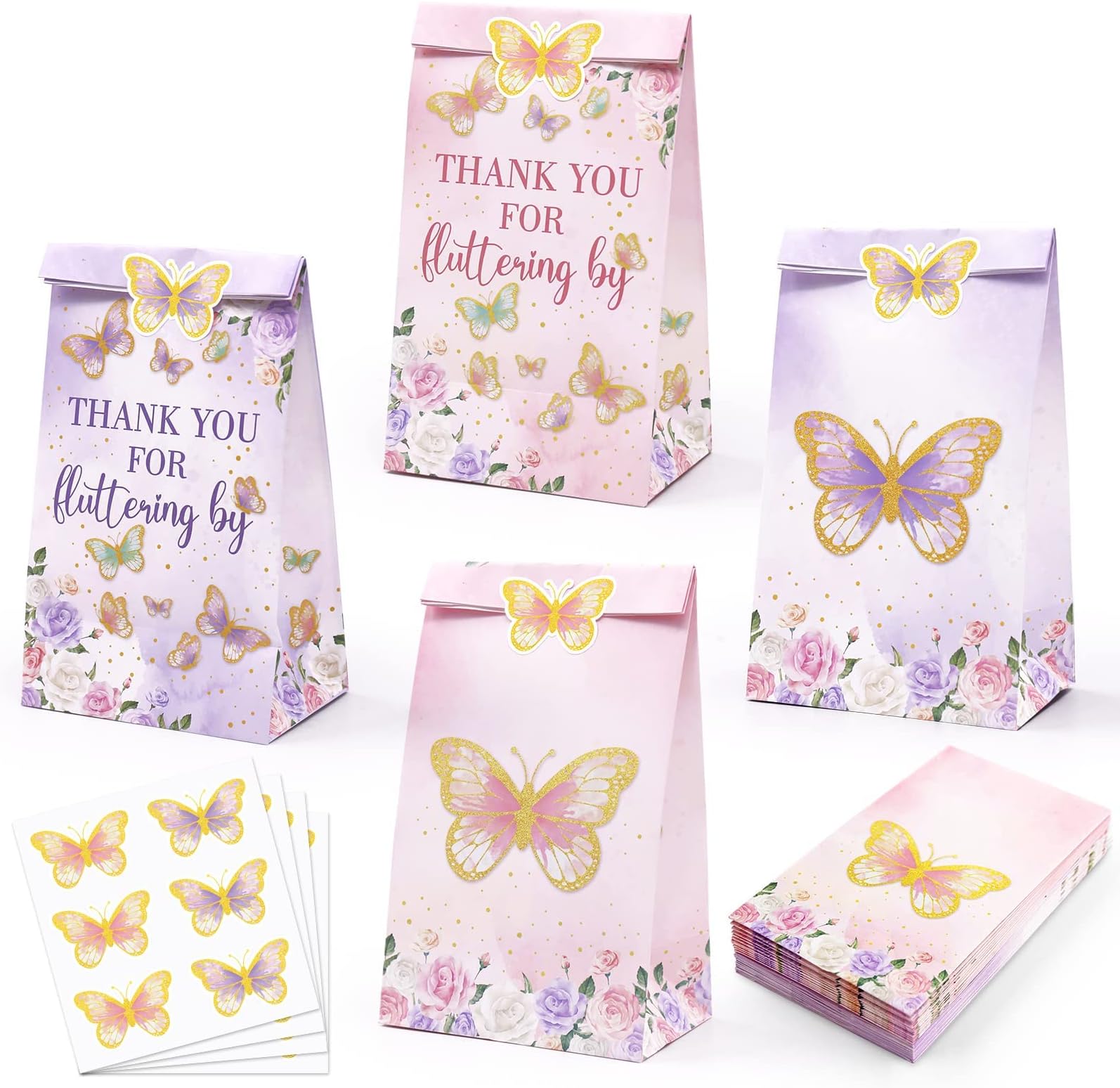 Levfla 24 PCS Butterfly Candy Bags Pink and Purple Goodie Bags Thank You for Fluttering by Butterflies Favor Bags with Stickers Spring Kids Birthday Party Bash Baby Shower Decoration Supplies