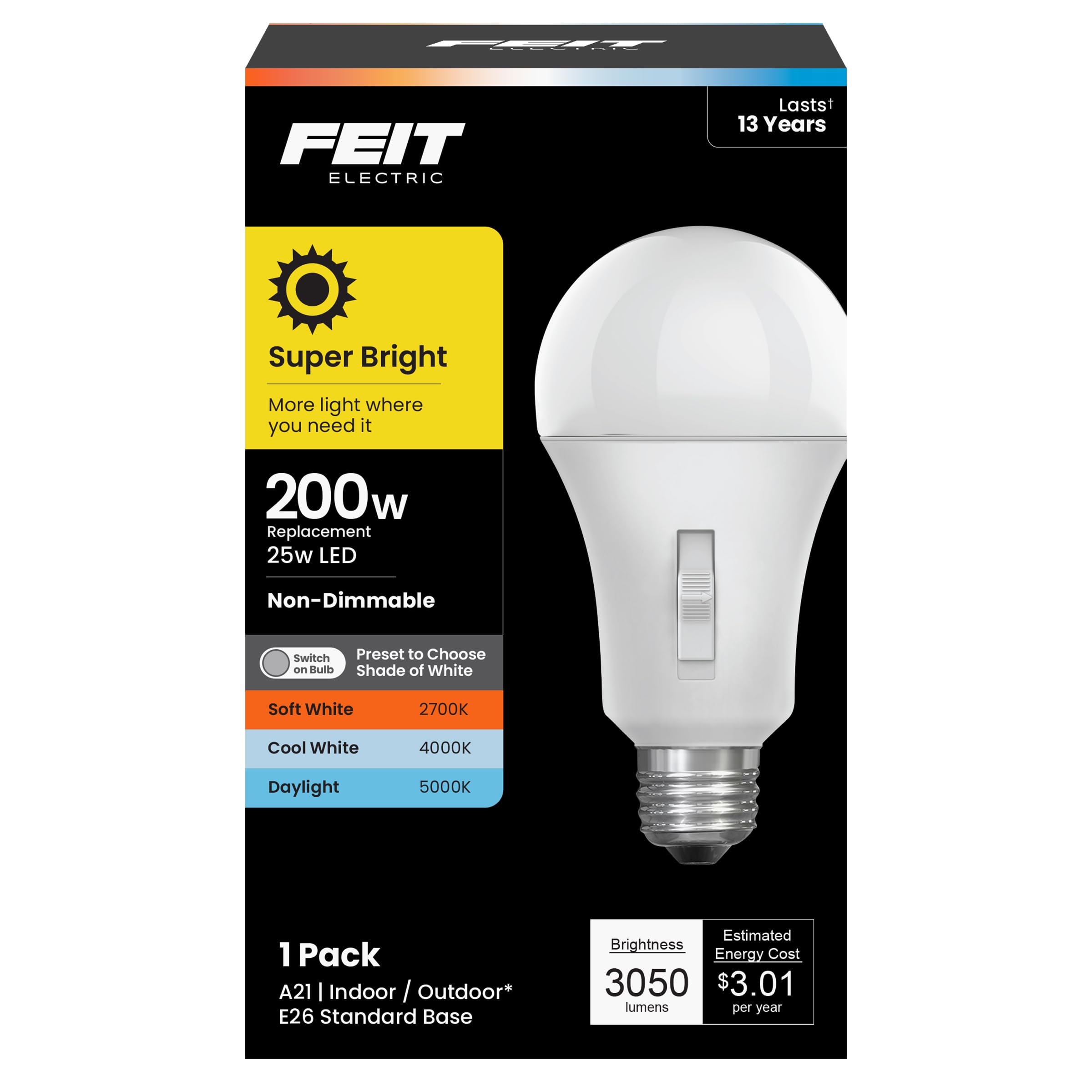 Feit Electric LED Three-Color Selectable Intellibulb - A21 with an E26 Medium Base Light Bulb - 200W Equivalent - 23 Year Life - 3050 Lumen - 2700K Soft White, 4000K Cool White and 5000K Daylight