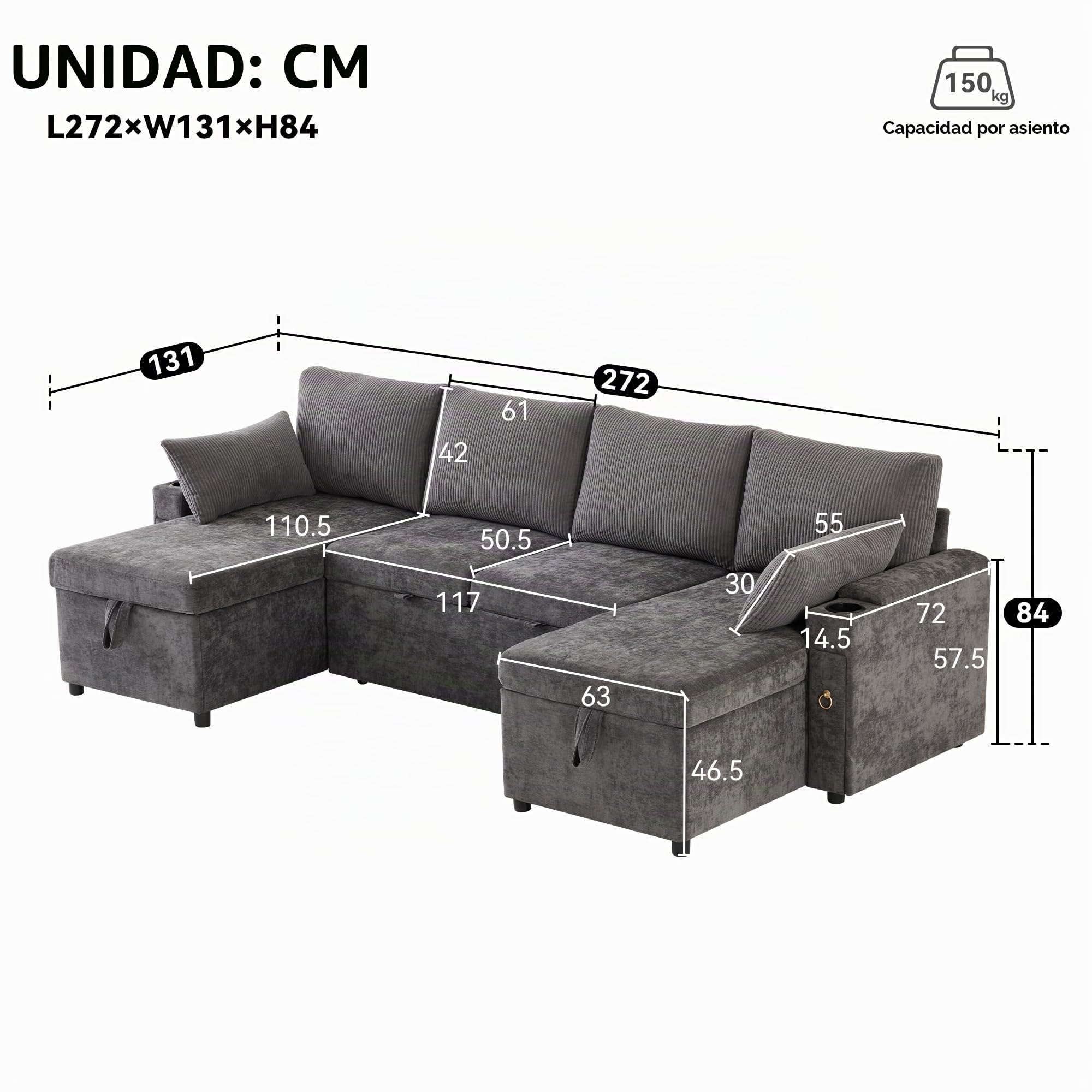 Kebnor Sofá cama de cuatro plazas en forma de U con soporte para bebidas, sofá de esquina con espacio de almacenamiento y función de descanso. Incluye soporte para bebidas y almohadas. Sofá