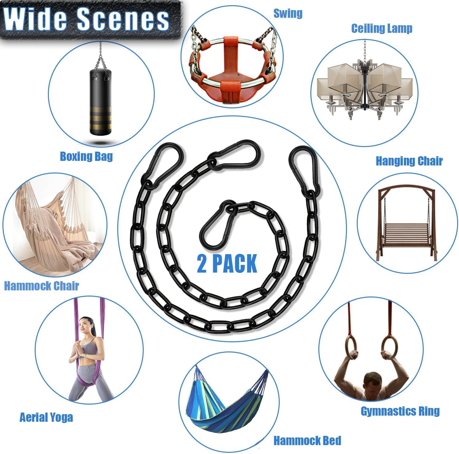 2 Pack Hanging Swing Chain with 4 Carabiners 25in, 660LB Capacity Heavy Duty Hammock Hardware Kit for Punching Bags, Swing Chairs, Indoor & Outdoor Gym (Black) 5