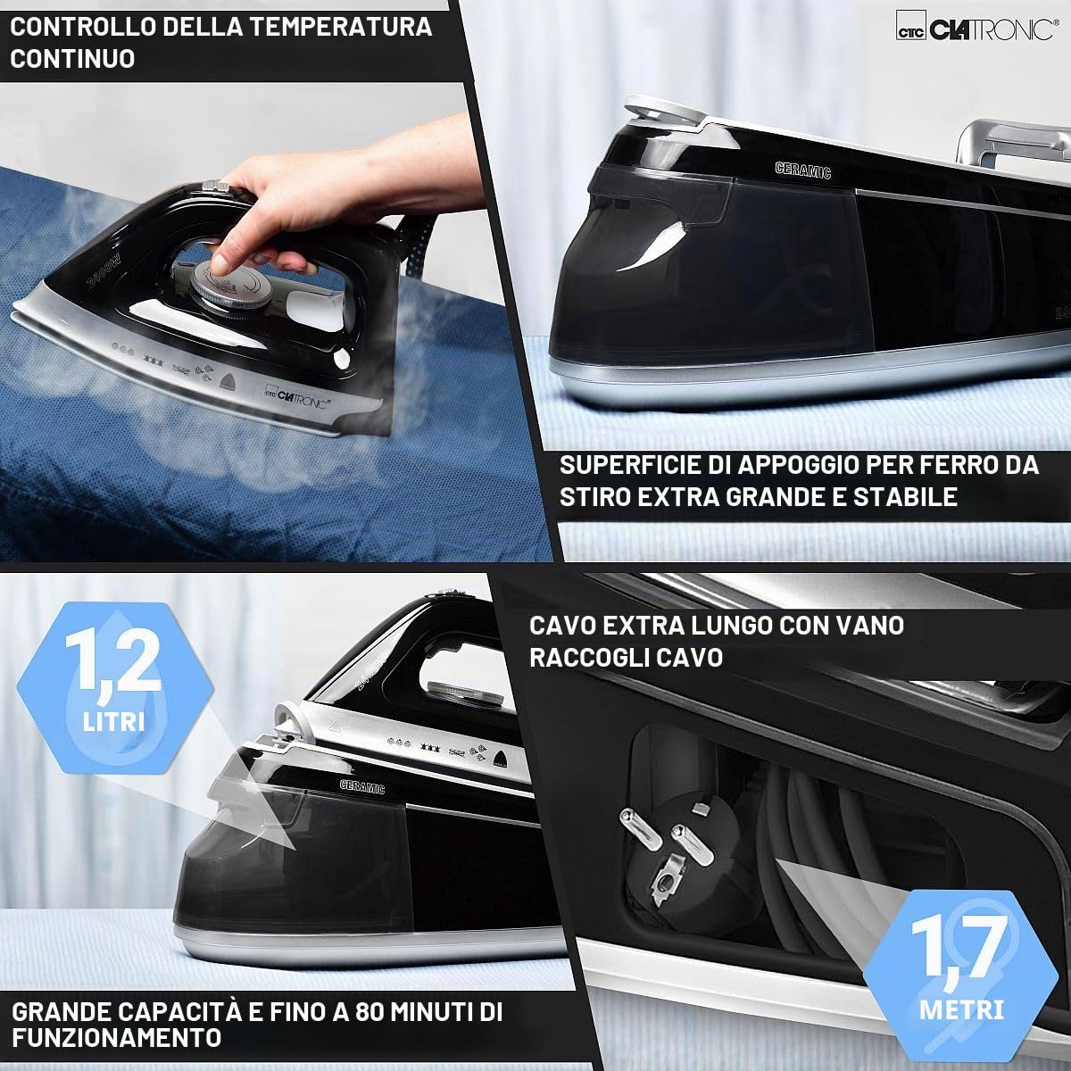 Stazione da stiro a vapore Clatronic con ferro da stiro a vapore | 3,5 bar | ferro da stiro a vapore con piastra Superglide e serbatoio dell'acqua da 1,2 l | 2400 W | con sistema antigoccia|DBS 3749