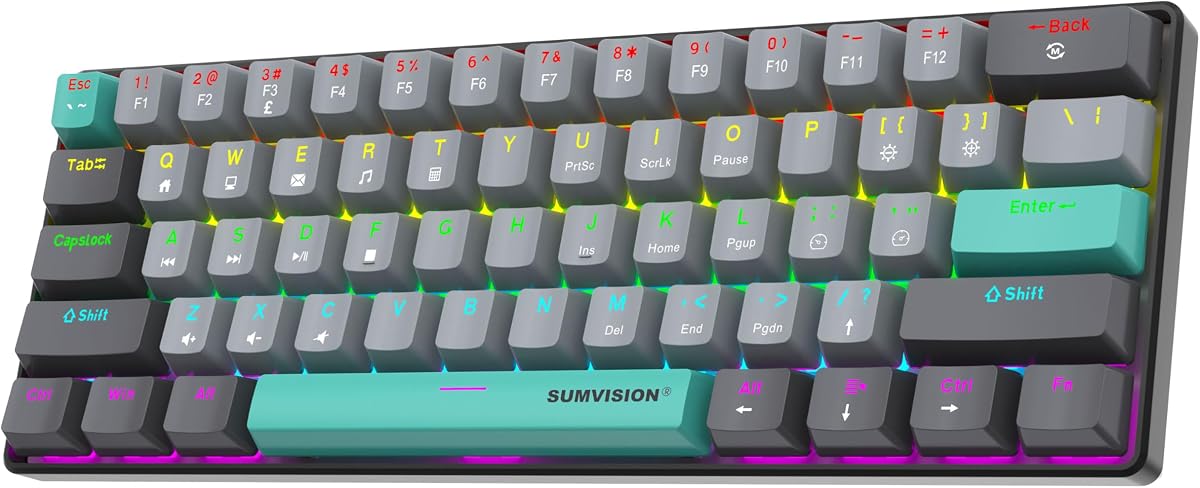 Sumvision Seeker Destroyer II 60% Mechanical Gaming Keyboard Red Switch Compact RGB Backlit (19 Modes) Anti-Ghosting, Detachable USB-C, US Layout with £ Support Wired Keyboard for PC Mac Laptop Gaming