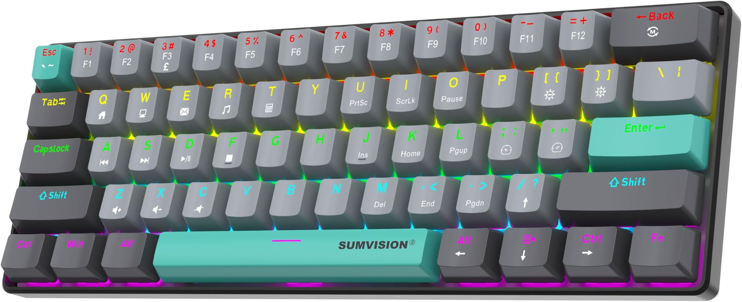 Sumvision Seeker Destroyer II 60% Mechanical Gaming Keyboard Red Switch Compact RGB Backlit (19 Modes) Anti-Ghosting, Detachable USB-C, US Layout with £ Support Wired Keyboard for PC Mac Laptop Gaming