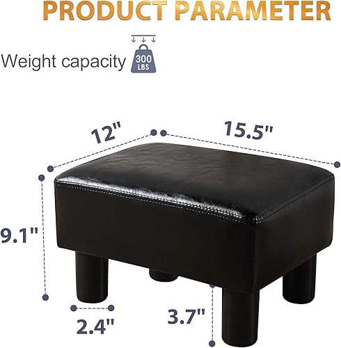 Miniatura 5 de LUE BONA Taburete rectangular moderno, reposapiés otomano acolchado de piel sintética negra, taburete pequeño para estar, adultos, patio A-cuero