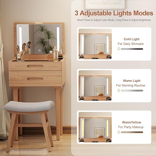 Miniatura 7 de Escritorio pequeño de madera maciza con espejo y luces, tocador de maquillaje estrecho para espacios pequeños, mesa auxiliar de tocador abatible, 3