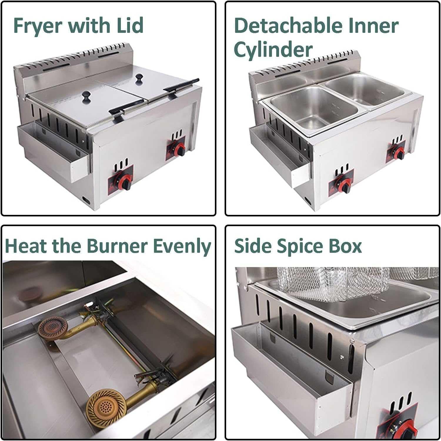 Friggitrice a Gas Professionale 10L*2 Doppia Vasca, Acciaio Inox con Regolazione Manuale della Temperatura e Cestello Rimovibile per Ristoranti, Catering, Cucine Domestiche e Food Truck
