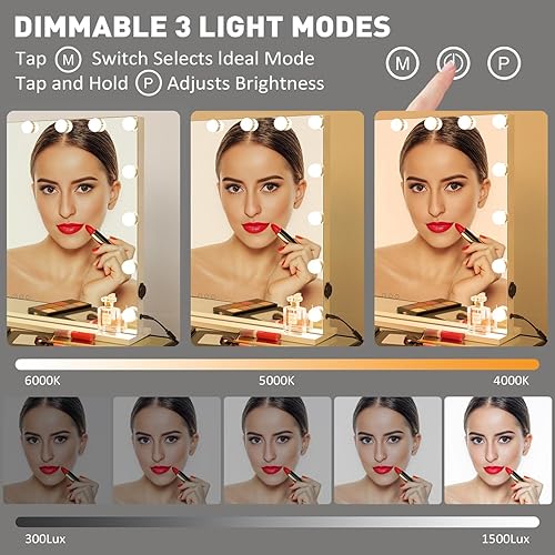 Miniatura 2 de Hollywood - Espejo de maquillaje con luces, 15 bombillas LED regulables, 3 modos de iluminación de color, espejo de maquillaje iluminado con puerto