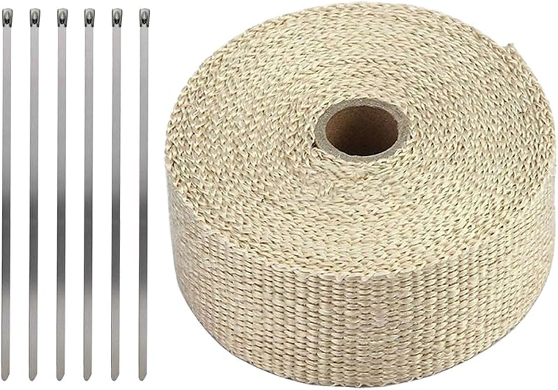 Manta térmica para escapamento LKRXW bege 5 m x 5 cm para tubo de escape de motocicleta – Kit com 1 manta e 6 abraçadeiras