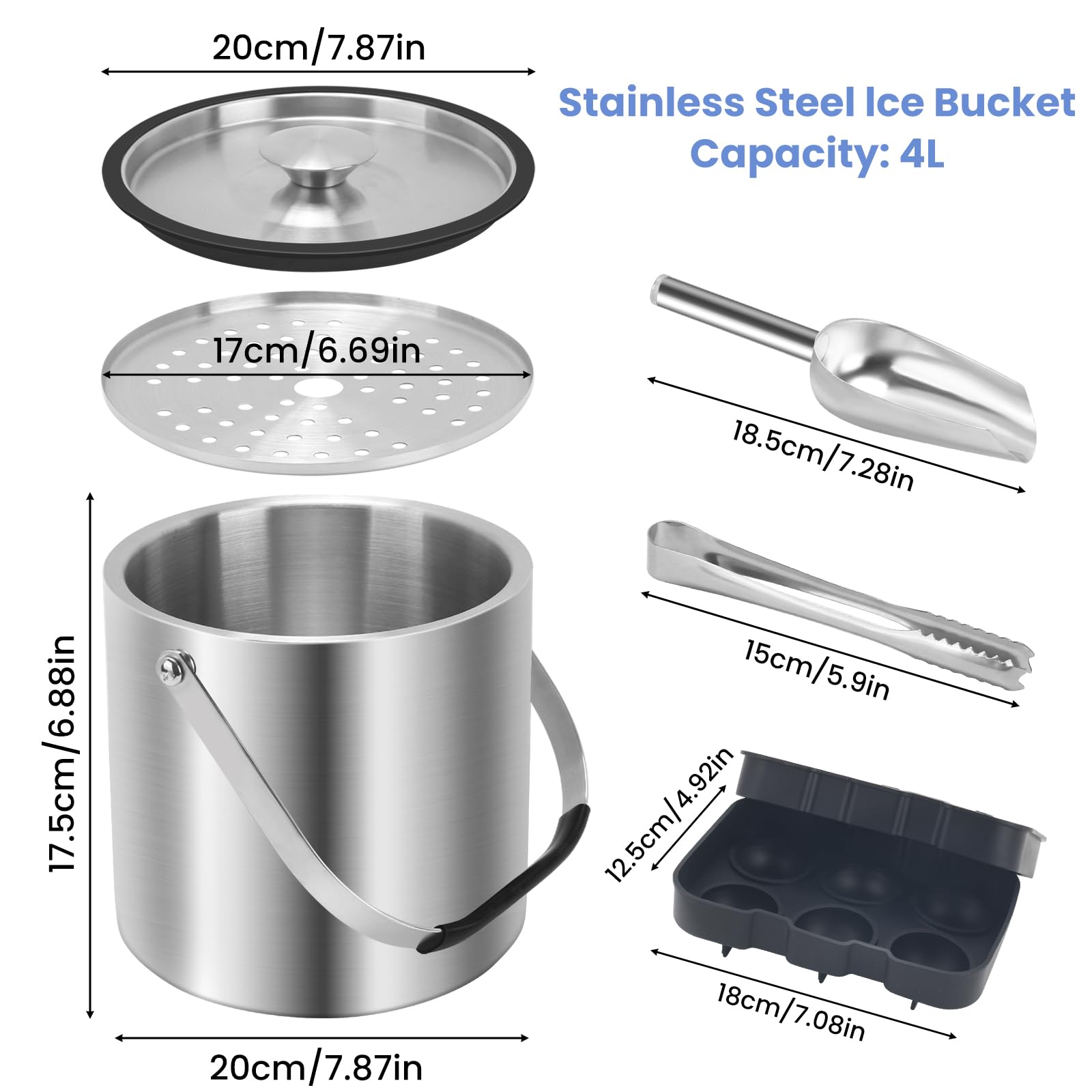 Cubitera de hielo de 4 litros con tapa y pinzas, cubo de hielo aislado de doble pared con colador de cuchara, cubos de hielo grandes de acero inoxidable para fiestas, hogar, bares, pubs