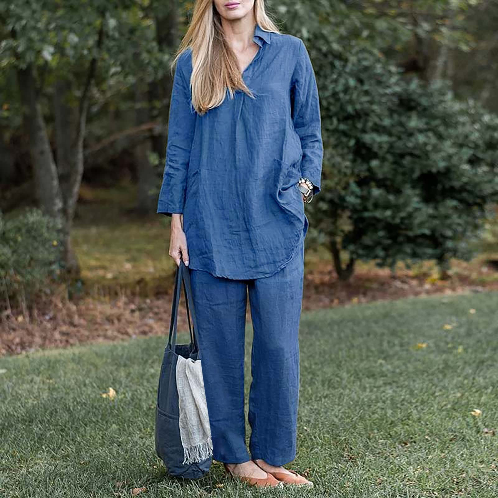 Completo Donna Estivo Elegante,Abito da Donna in Cotone alla Moda, Grande, Irregolare, a Maniche Lunghe, Pantaloni a Gamba Larga, Abito a Due Pezzi Salopette Donna Estiva XS