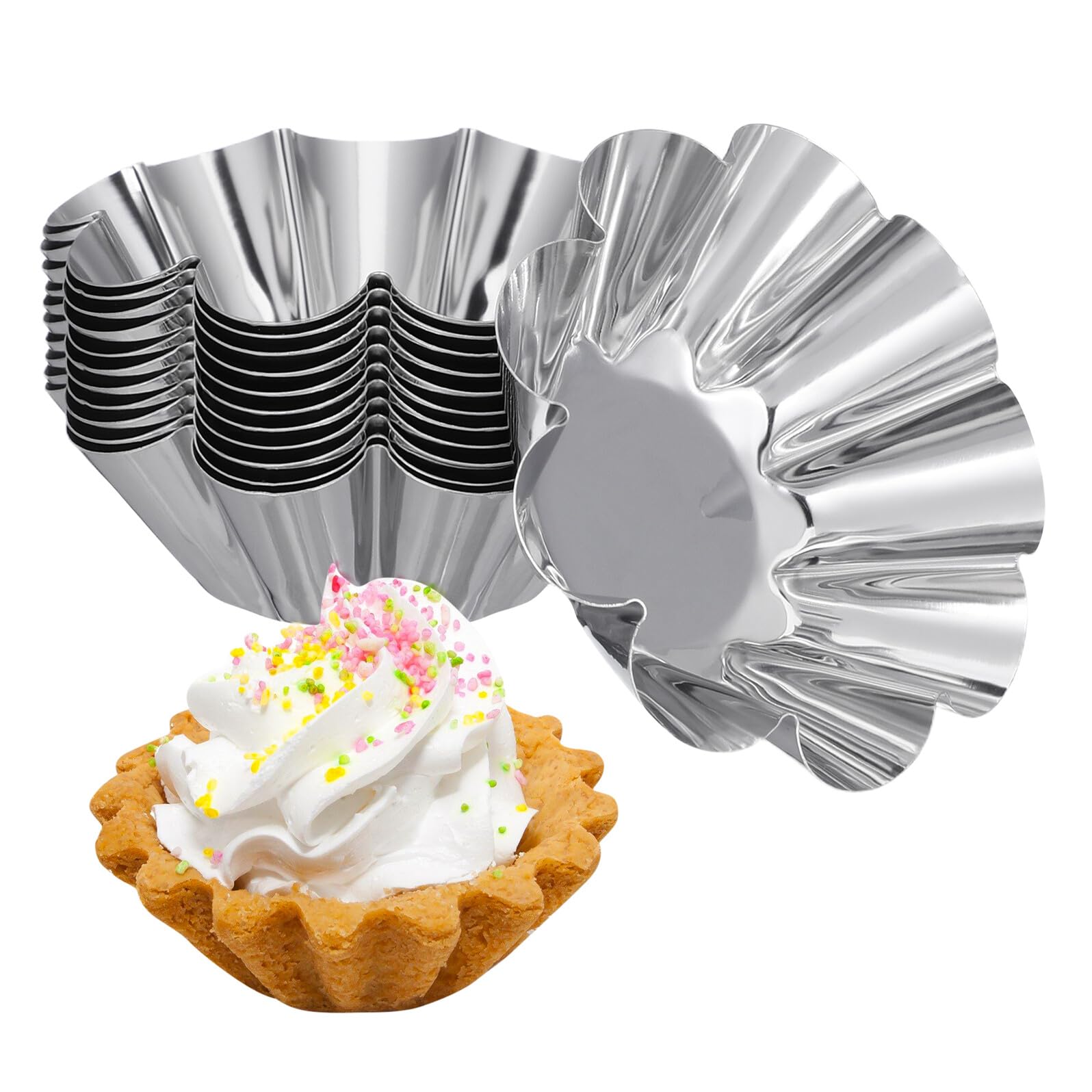 Muiltvoe 12pcs Stainless Steel Tartlet Tins for Egg Tart & Muffin Baking, Reusable Non-Stick Metal Pastry Moulds, Professional Small Cake Making Equipment for Desserts